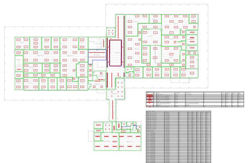 AGI32 photometric calculation over a building floor plan with luminaire schedule
