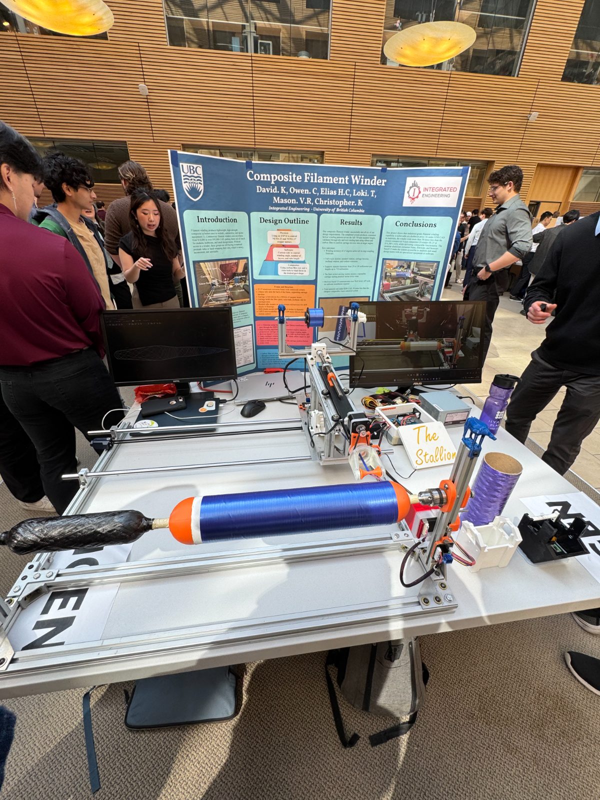 The composite filament winder running at the UBC Integrated Engineering showcase